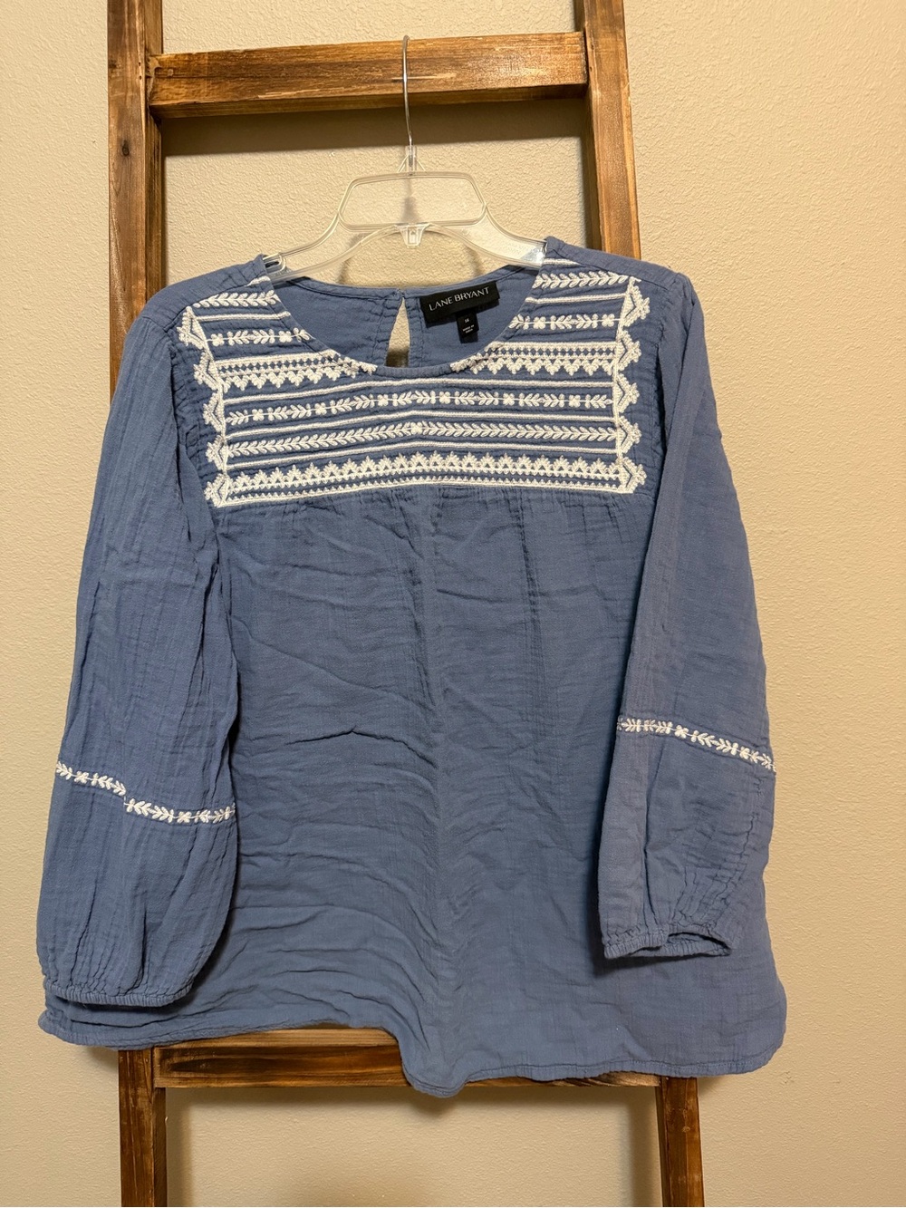Lane Bryant Blue Embroidered Peasant Top